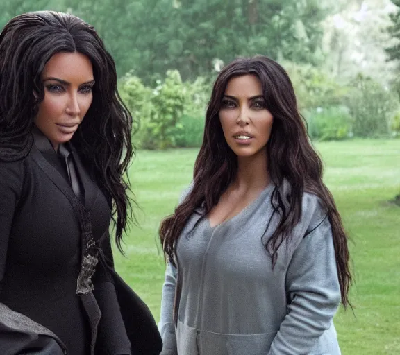 Prompt: a movie still of kim kardashian speaking to hagrid in the movie harry potter