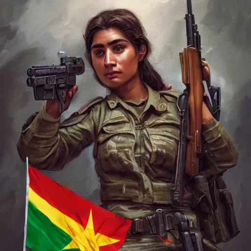 Image similar to beautiful YPJ soldier wearing a Kurdistan flag insignia in the defense of Kobanî in the siege of Kobanî, detailed, centered, digital painting, artstation, concept art, donato giancola, Joseph Christian Leyendecker, Boris Vallejo, Breathtaking, 8k resolution, extremely detailed, beautiful, establishing shot, artistic, hyperrealistic, beautiful face, octane render