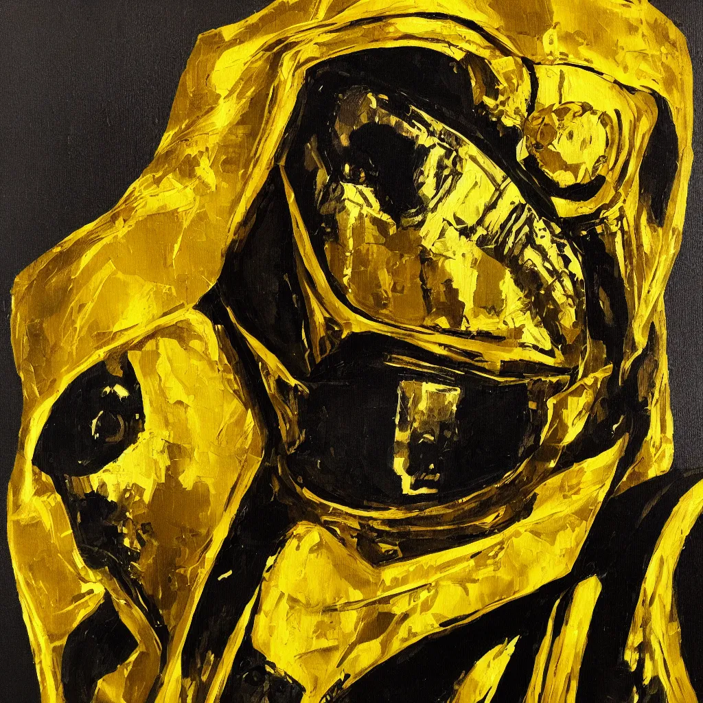 Prompt: android dressed in mask and robes, gold yellow and black colour scheme, canvas, oil paint style