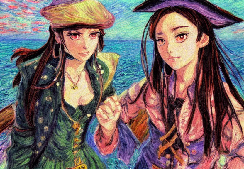 Image similar to wide angle perspective of a female pirate, centered, single subject, a thrifty uniform, somewhat of an anime in impressionist style, trending artwork, made with anime painter studio, by claude monet and an anime artist, collaboration