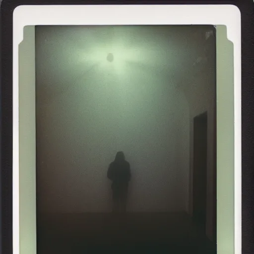 Image similar to you are lost in the backrooms, ghost, polaroid, laminal space, foggy