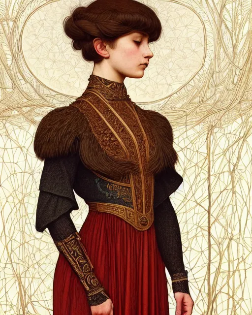 Prompt: symmetry portrait of welsh brunette student in mans tunic, embroidery, tomboy, short hair, intricate forest background, intricate, elegant, highly detailed, digital painting, artstation, concept art, smooth, sharp focus, illustration, art by artgerm and greg rutkowski and fra angelico and alphons mucha