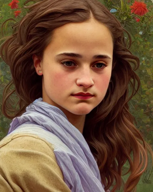 Image similar to a beautiful, detailed close - up smooth comics cover painting portrait of 1 4 - year old emma alicia vikander with open mouth staring in wonder, shy, blushing, tilted head, wearing an oversize sweater by joshua middleton, bouguereau, and alphonse mucha