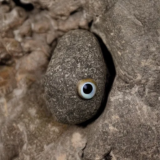 Prompt: a small rock with goggly eyes, focus, image of object