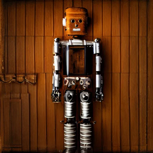 Prompt: humanoid robot in wood paneled room, underground room designed to look like log cabin, robot, tintype photograph