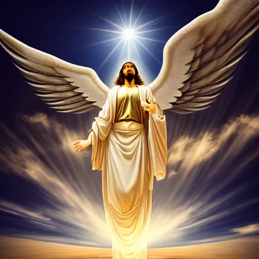 Image similar to gigantic biblical depiction of an angel towering over a vast landscape, cinematic, realistic, geometric white marble body, photorealistic, detailed, gold sky, global illumination, volumetric lighting, god rays, beautiful composition, majestic clouds, soft colors, heavenly lighting