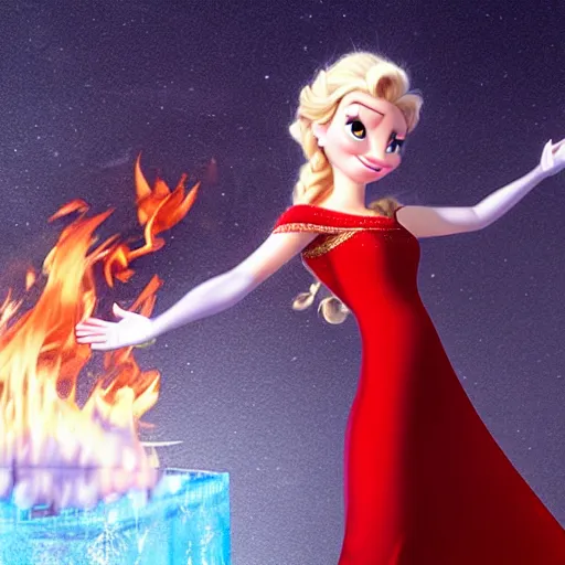 Image similar to elsa in a red dress with fire powers