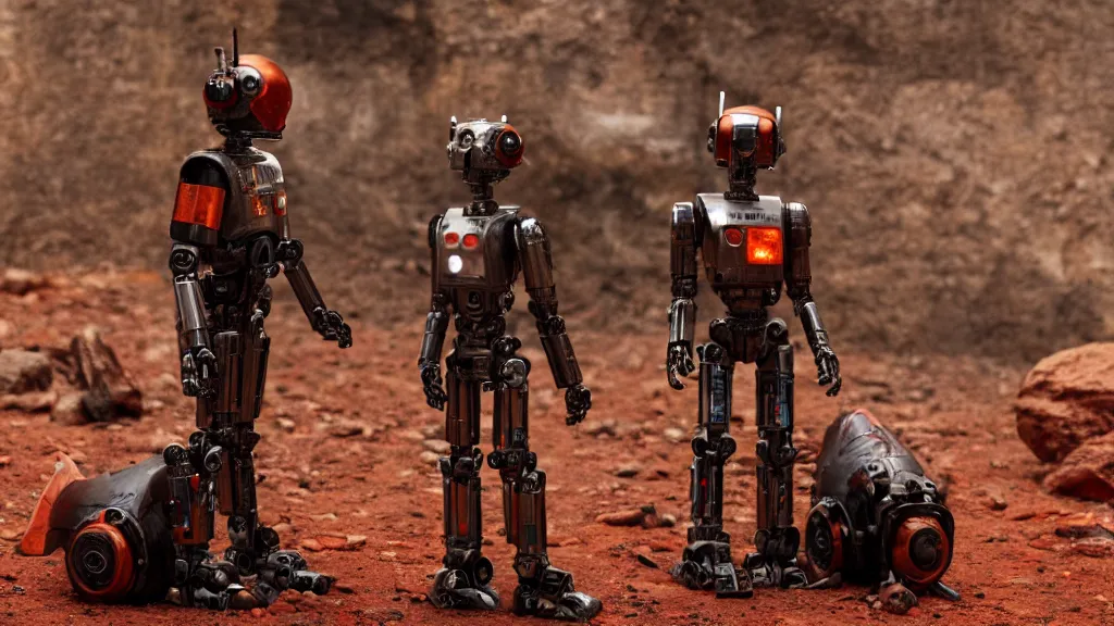 Prompt: film still from the movie chappie of the robot chappie shiny metal outdoor planet mars deep orange red rock scene bokeh depth of field several figures furry anthro anthropomorphic stylized cat ears head android service droid robot machine fursona