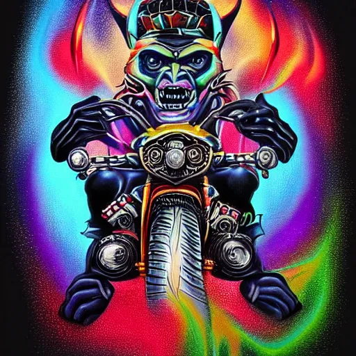 Image similar to psychedelic airbrush art of an orc riding a motorcycle, black background, stylized, radical 90s, soft edges, smooth gradients, airbrushed, grainy