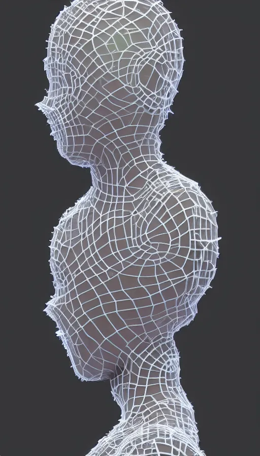 Image similar to a one woman with a futuristic mask on her face, a surrealist sculpture by alexander mcqueen, trending on pinterest, plasticien, biomorphic, made of plastic, a computer rendering by bedwyr williams, featured on zbrush central, holography, multiple exposure, glitch art, glitchy, photorealistic