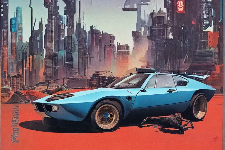 Prompt: 1969 Popular Science Magazine Cover BMW M1 Stratos, city in cyberpunk style by Vincent Di Fate