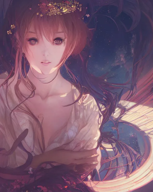 Image similar to illustration of an anime girl being entranced bewitched mesmerized hypnotized mind controlled, by artgerm and wlop and greg rutkowski and alphonse mucha, digital art, extreme detail, realistic lighting, cinematic composition, concept art, sharp focus, colorful, photorealistic, 8 k