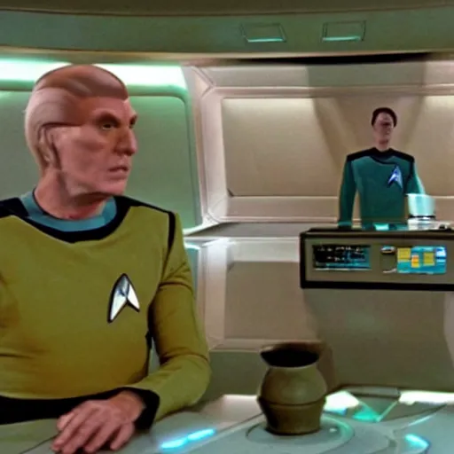 Prompt: Star Trek Replicator making Food Monsters, Random food creations killing Star Fleet Crew, Still from Star Trek the next generation,
