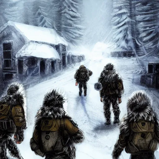 Prompt: multiple soldiers wearing arctic clothing, riot gear, in snow storm, fighting tribe, apocalyptic, artstation