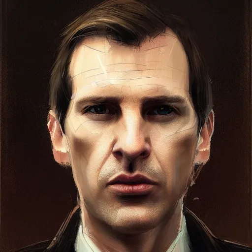 Prompt: Portrait of a man by Greg Rutkowski, he is about 40 years old, mixture between russian and irish, side parted combover brown hair, attractive, NARROW very very very very sharp face ANGULAR hawkish facial features, hooked nose , extremely pale white skin, smart looking, he is wearing a black trenchcoat, highly detailed portrait, scifi, digital painting, artstation, concept art, smooth, sharp foccus ilustration, Artstation HQ