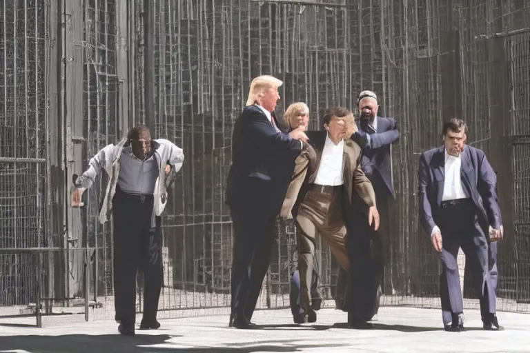 Image similar to cult members breaking donald trump out of prison mission impossible style, cinematic lighting