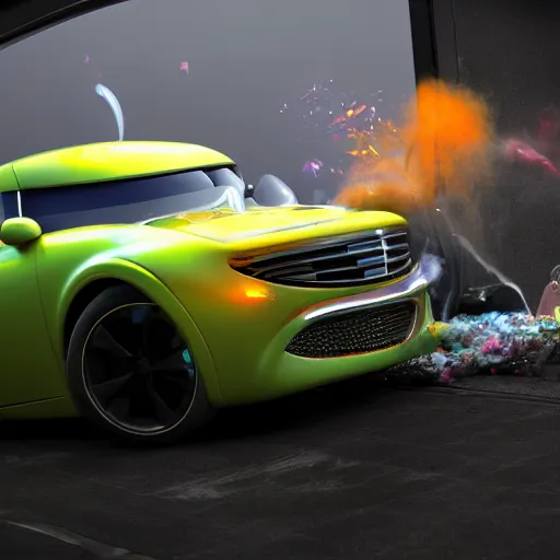 Prompt: a luxurious car is dramatically breaking out of a tv screen. cute 3 d octane render, elegant, an explosion of colorful powder in the background by pixar on artstation, 8 k