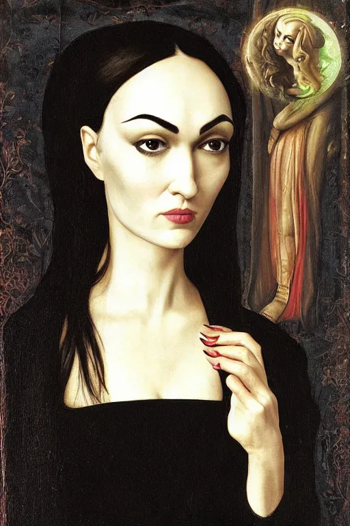 Prompt: beautiful face portrait of sasha grey as morticia addams, oil painting by nicholas hilliard, raphael, sofonisba anguissola