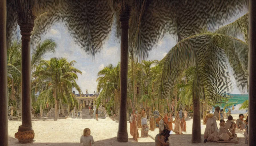 Image similar to a ultradetailed beautiful painting of the inside in the amazonas palace balustrade designed by jules bastien - lepage, tarsila do amaral, frank weston and gustave baumann, beach, trending on artstation, mediterranean, palm trees, sharp focus, soft light, 8 k 4 k