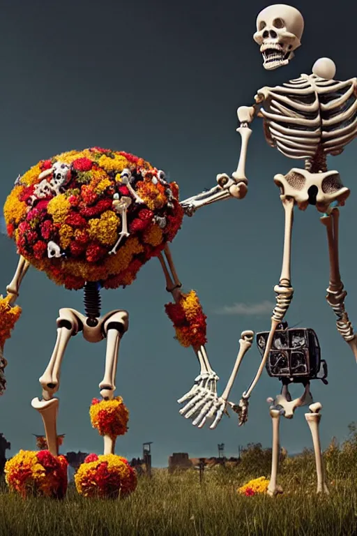 Image similar to a skeletal, mickey mouse made out of flowers and bones, taking a giant robot for a walk in the cyberpunk countryside by beeple, nychos and arcimboldo, highly detailed octane render