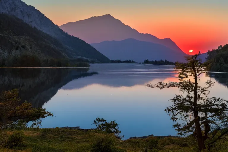 Image similar to landscape of mountains with lake and a dead tree in the foreground , sunset