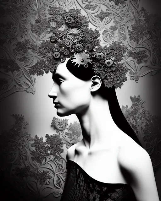 Image similar to masterpiece monochrome profile portrait painting, dutch masters, silver lace floral steampunk biomechanical beautiful one techno eye young female cyborg, big monocular, volumetric light, leaves foliage and stems, hibiscus flowers, by cecile beaton, rim light, big gothic fashion pearl embroidered collar, 8 k