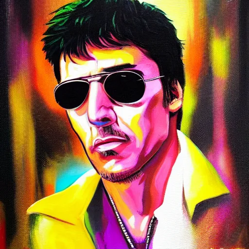 Image similar to ' acrylic painting of tony montana in a style of cyberpunk delivery club, in salvia divinorum, photorealistic glamour necro science'