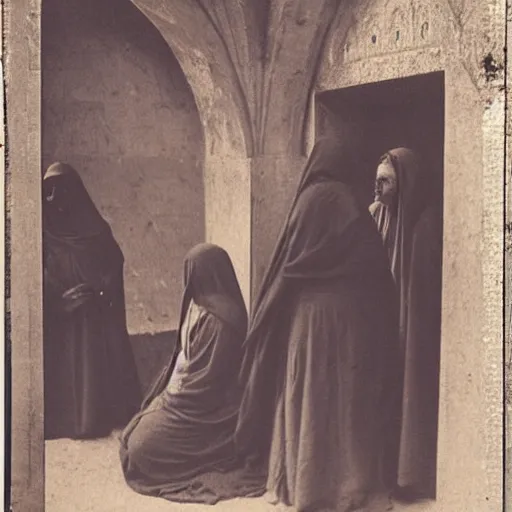 Image similar to 1 9 th century photo of 3 mary's at the tomb of jesus, by julia margaret cameron, beautiful composition