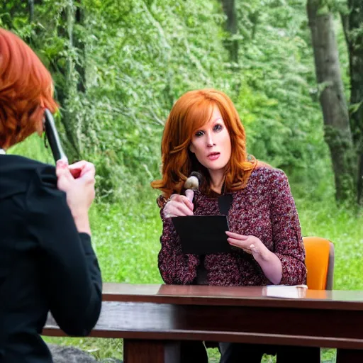 Image similar to stunning portrait painting of news anchorwoman liz claman reporting from rivendell interviewing arwen, lord of the rings movie, by daniella zalcman, directed by peter jackson, highly detailed, canon eos r 3, f / 1. 4, iso 2 0 0, 1 / 1 6 0 s, 8 k, raw, symmetrical balance