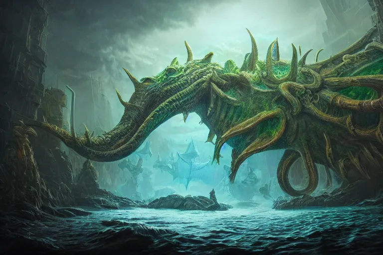 Prompt: highly detailed portrait photo of a huge mûmakil-yogg-saron, in a scenic dystopian environment, hyperrealistic Illustration