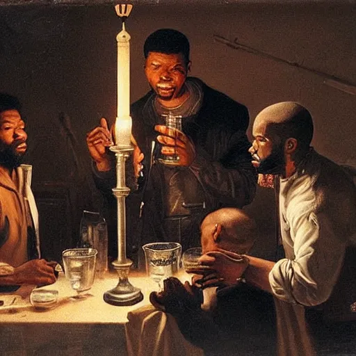 Image similar to 2 1 savage and 5 0 cent and drake huddled around a table with a lantern in a dark pub like in the denial of st. peter by gerard seghers