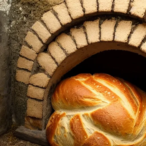 Prompt: Bread inside a traditional oven