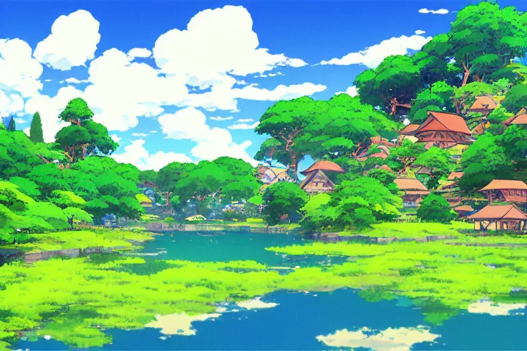 Prompt: landscape of peaceful village with azure blue lake, studio ghibli, anime background, lively colors, high contrast, art by makoto shinkai