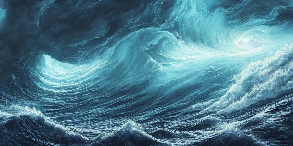 Image similar to A Beautiful Depiction of An Ocean Maelstrom, Digital Matte Illustration by Dan Mumford and M.W Kaluta, 8k resolution, detailed matte painting, 4k, beautiful lighting, HDR, IMAX, Cinema 4D, shadow depth, Wrathful Ocean Maelstrom