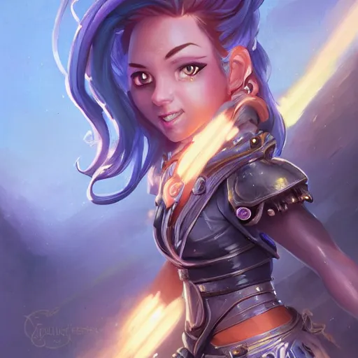 Image similar to beautiful muscular charming female gnome mechanic, fantasy magic bright blue lightning gauntlet arms, short black pixie undercut hair, standing on ship deck, naval background, intricate, fantasy magic, highly detailed, full body portrait, wide angle, digital painting, artstation, smooth, sharp focus, great composition, illustration, art by Greg Rutkowski, trending on artstation