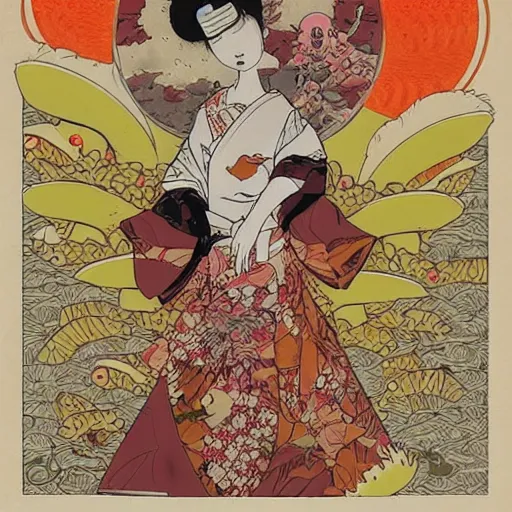 Prompt: a geisha with a kitsune mash by geof darrow,