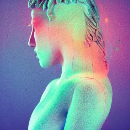 Prompt: flume and former cover art future bass girl un wrapped statue bust curls of hair petite lush side view body full body photography model full body untouched raw natural beauty art contrast french pose vibrant futuristic fabric only skin jellyfish material style of Jonathan Zawada, Thisset colours simple background objective