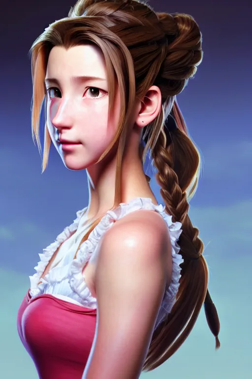 Image similar to subject : detailed full body portrait illustration of aerith gainsborough perfect face, medium : oil on canvas, style : realistic pose study portrait, maximalist, accurate, full color chiaroscuro artist : tetsuya nomura, 4 k, focus : full body and head