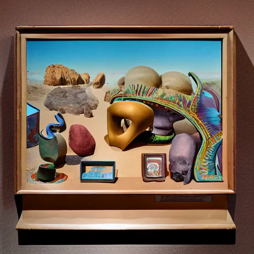 Image similar to a three color offset photography of single surrealist object on display, anthropology of wonder, ( ( ( surrealism ) ) ), exotic artifacts, colonial expedition, exhibition, 6 0 s style