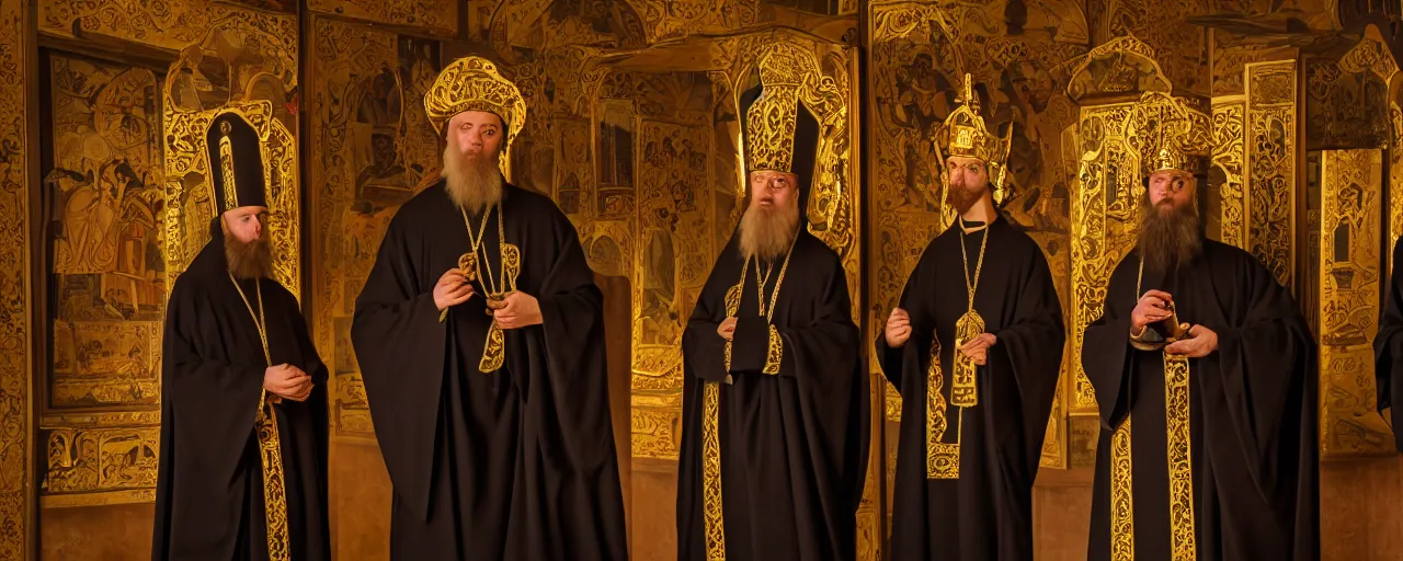 Image similar to three orthodox priests with cute caracal faces, in orthodox church, orthodox icons, volumetric lighting, twilight, atmospheric, ambients, dramatic, noir, blur, bokeh, cinematic, shallow depth of field, 8 0 mm, f 1. 8