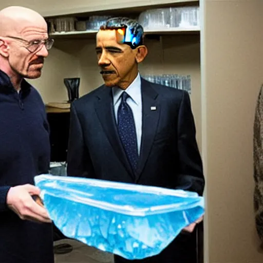 Image similar to Walter White and Obama staring at a ziploc bag full of crystal blue meth