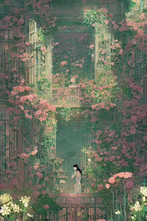 Image similar to a beautiful hyperdetailed matte illustration victo ngai style of absolutely beautiful blooming flower house, from china, perfectly shaded, atmospheric lighting, style of studio ghibli, makoto shinkai, raphael lacoste, louis comfort tiffany, artgerm, james jean, ross tran, chinese style