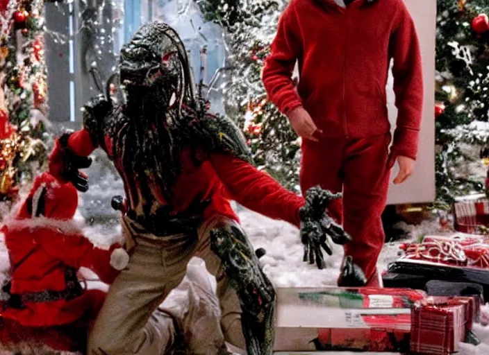 Image similar to the movie the predator starring macaulay culkin kevin mcallister home alone living room christmas vfx film