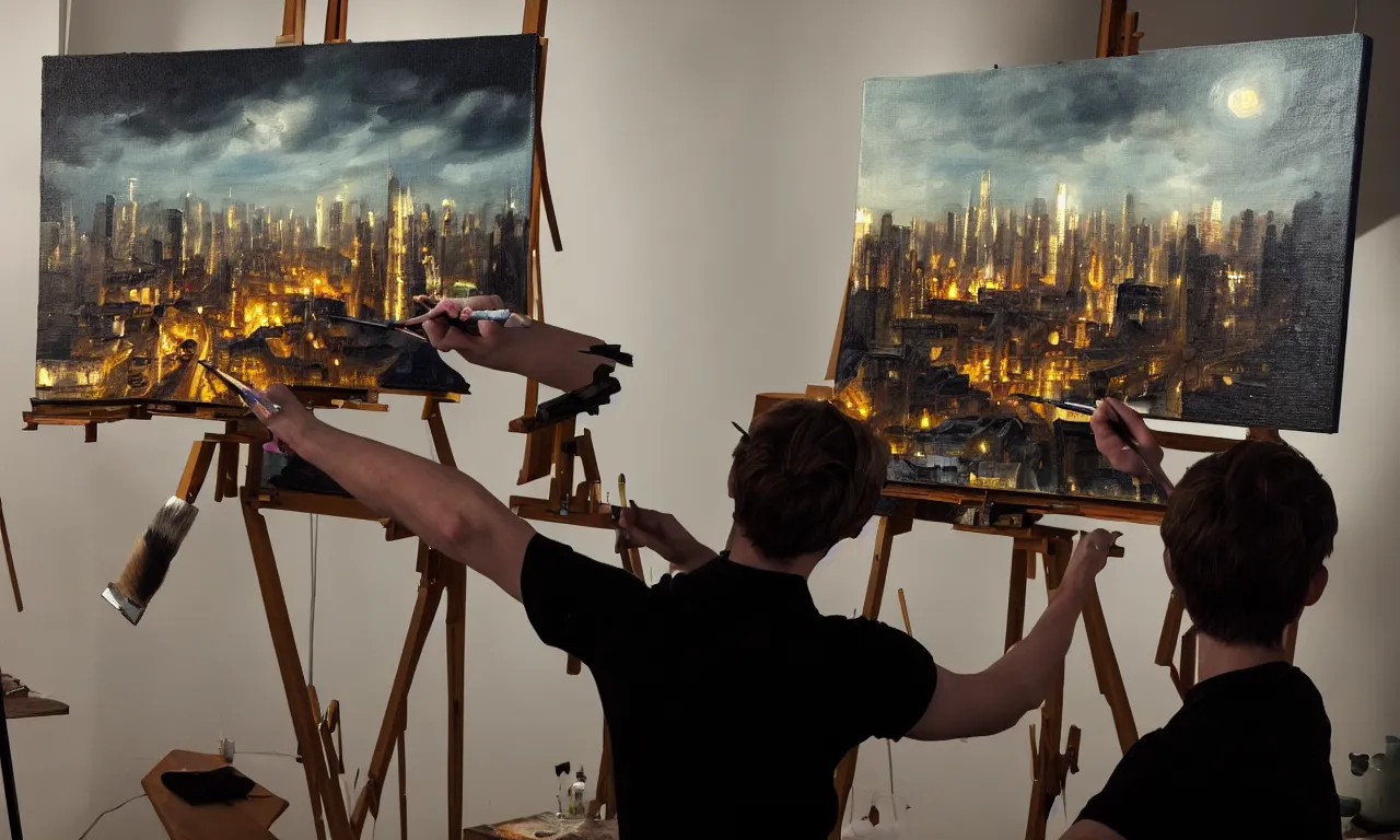 Prompt: the android carefully painting an oil painting in their natural - lit studio overlooking the city. photorealistic. intricate details. 3 5 mm photograph. dramatic lighting. action shot. absolute focus. masterpiece.