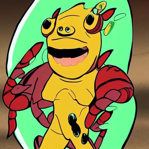 Image similar to a new Ben 10 alien character inspired by capybaras and lobsters who enjoys surfing while eating pizza and wears tacky Hawaiian shirts and socks with sandals, he also says dude a lot