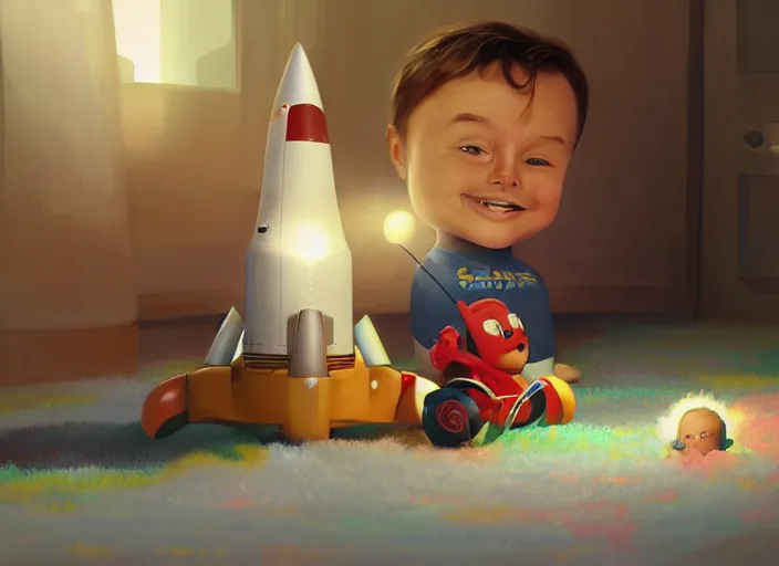 Prompt: elon musk as a toddler playing with his space rockets on a fluffy rug, pixar, soft cinematic lighting, artstation