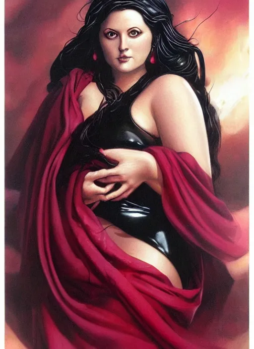 Image similar to portrait of plump norse goddess of the moon, maroon and black robe, iron crown strong line, deep color, beautiful! coherent! by boris vallejo