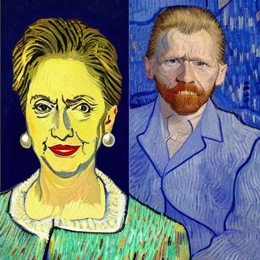 Image similar to detailed oil portrait of hillary clinton wearing pearl earrings, painted by van gogh