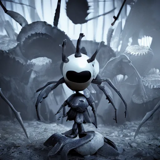 Prompt: Hollow knight standing on corpses , octane render , hyperdetailed