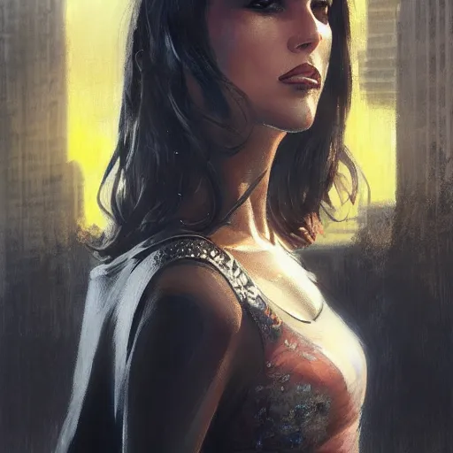 Prompt: a closeup portrait of monica belucci, dramatic light, city background, sunset, high contrast, sharp, painted by stanley lau, painted by greg rutkowski, painted by stanley artgerm, digital art, trending on artstation